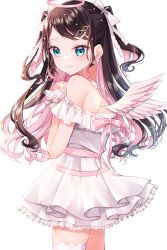 Rule 34 | 1girl, absurdres, bare shoulders, black hair, blush, bow, closed mouth, commentary request, dress, feathered wings, from side, green eyes, hair bow, hair ornament, halo, hands up, highres, kaga nazuna, long hair, looking at viewer, looking to the side, mole, mole under eye, multicolored hair, off-shoulder dress, off shoulder, own hands together, pink hair, pink wings, pleated dress, simple background, smile, solo, swept bangs, two-tone hair, two side up, very long hair, virtual youtuber, vspo!, white background, white bow, white dress, white wings, wings, wrist cuffs, yua (bokubo0806)