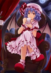 Rule 34 | 1girl, bat wings, bow, chair, cup, dress, dutch angle, fang, frilled shirt collar, frilled sleeves, frills, full moon, hat, hat ribbon, holding, indoors, k-rumi, crossed legs, looking at viewer, mary janes, moon, night, night sky, pink dress, puffy short sleeves, puffy sleeves, purple hair, red bow, red eyes, red ribbon, remilia scarlet, ribbon, shoes, short hair, short sleeves, sitting, sky, smile, socks, solo, teacup, touhou, window, wings, wrist cuffs