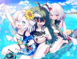 Rule 34 | + +, 3girls, @ @, animal, animal hug, antenna hair, aqua eyes, arm up, azur lane, beach, bikini, bird, black bikini, blue sky, blurry, byulzzi, carrying, chick, cloud, cloudy sky, collarbone, commentary request, depth of field, drooling, empty eyes, eyes visible through hair, flower, frilled jacket, frills, green hair, hair between eyes, hair flower, hair ornament, hair rings, horizon, innertube, jacket, libeccio (azur lane), libeccio (beachbound southwestern wind!) (azur lane), long hair, looking at viewer, low twintails, maestrale (azur lane), maestrale (lonesome beachfarer) (azur lane), manjuu (azur lane), midriff, multicolored hair, multiple girls, name tag, navel, ocean, old school swimsuit, one-piece swimsuit, pointing, pointing up, red eyes, riding, school swimsuit, short hair, sidelocks, sitting, sky, sparkle, streaked hair, submarine, sunflower, sunflower hair ornament, swim ring, swimsuit, symbol-shaped pupils, tongue, tongue out, torricelli (azur lane), torricelli (shady seaside) (azur lane), turtle, twintails, two-tone hair, v-shaped eyebrows, wariza, watercraft, wavy hair, white hair, white one-piece swimsuit