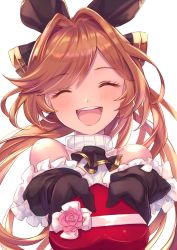 Rule 34 | 1girl, :d, ^ ^, aoi (kirabosi105), black gloves, blush, box, clarisse (granblue fantasy), closed eyes, commentary request, closed eyes, flower, gift, gift box, gloves, granblue fantasy, heart-shaped box, highres, long hair, open mouth, orange hair, pink flower, pink rose, ponytail, rose, simple background, smile, solo, valentine, white background