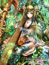 Rule 34 | 1girl, bahamut greed, breasts, cleavage, crotalaria, green eyes, green hair, harp, instrument, long hair, matching hair/eyes, solo, thighhighs