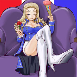 Rule 34 | 10s, 1girl, :p, bc freedom (emblem), blouse, blue coat, blue shirt, boots, breasts, chair, cleavage, closed mouth, coat, crossed legs, drill hair, emblem, flag background, flower, folding fan, foreshortening, french flag, girls und panzer, hair over shoulder, hand fan, high heel boots, high heels, highres, holding, large breasts, long hair, long sleeves, looking at viewer, marie (girls und panzer), miniskirt, one eye closed, pencil skirt, rose, shadow, shirt, sitting, skirt, smile, solo, thigh boots, thighhighs, tongue, tongue out, white footwear, white skirt, yoyokkun