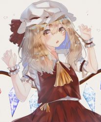 Rule 34 | 1girl, :o, absurdres, alternate hair length, alternate hairstyle, ascot, blonde hair, claw pose, commentary request, cowboy shot, crystal, fang, flandre scarlet, frilled shirt collar, frills, hair between eyes, hands up, hat, hat ribbon, highres, long hair, looking to the side, mob cap, open mouth, puffy short sleeves, puffy sleeves, red ribbon, red skirt, red vest, ribbon, short sleeves, simple background, skin fang, skirt, solo, touhou, vest, white background, white hat, wings, wrist cuffs, yellow ascot, yellow eyes, yoruyoru (ersu4883)