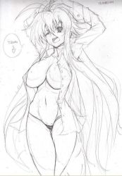 Rule 34 | 1girl, blush, breasts, greyscale, large breasts, long hair, monochrome, navel, open clothes, panties, pointy ears, sketch, solo, stormcow, suggestive, underwear, very long hair