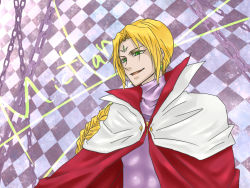 Rule 34 | 1boy, blonde hair, braid, cape, chain, character name, facial mark, green eyes, long hair, miktran, open mouth, tales of (series), tales of destiny
