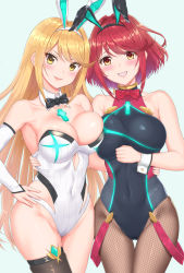 Rule 34 | &gt;:), 2girls, adapted costume, animal ears, arm across chest, asymmetrical docking, bare shoulders, black bow, black hairband, black legwear, black one-piece swimsuit, blonde hair, blue background, bow, bowtie, breast press, breasts, brown eyes, brown legwear, cameltoe, cleavage, closed mouth, collarbone, commentary request, competition swimsuit, covered navel, detached collar, detached sleeves, dual persona, fake animal ears, female focus, fishnet pantyhose, fishnets, gem, grin, hairband, hand on own hip, highres, large breasts, leotard, long hair, long sleeves, looking at viewer, multiple girls, mythra (radiant beach) (xenoblade), mythra (xenoblade), nemunemu semi, nervous smile, nintendo, one-piece swimsuit, pantyhose, pantyhose under swimsuit, pink lips, playboy bunny, pyra (pro swimmer) (xenoblade), pyra (xenoblade), rabbit ears, red bow, red hair, red neckwear, short hair, simple background, single thighhigh, skin tight, skindentation, smile, smug, standing, straight hair, strapless, strapless leotard, strapless one-piece swimsuit, swept bangs, swimsuit, symmetrical docking, teeth, thigh gap, thigh strap, thighhighs, v-shaped eyebrows, very long hair, white hairband, white leotard, wrist cuffs, xenoblade chronicles (series), xenoblade chronicles 2, yellow eyes