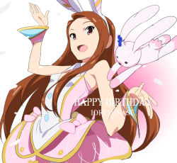 Rule 34 | 1girl, :d, animal ears, bare shoulders, birthday, bow, breasts, brown eyes, brown hair, character name, commentary, dress, english text, fake animal ears, gradient background, hairband, hand up, idolmaster, idolmaster (classic), long hair, minase iori, open mouth, pink background, pink bow, pink dress, rabbit ears, raised eyebrows, shino (comic penguin club), small breasts, smile, solo, stuffed animal, stuffed rabbit, stuffed toy, w arms, white background