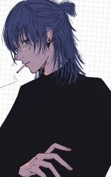 Rule 34 | 1boy, black sweater, blue hair, chainsaw man, cigarette, crossed arms, earrings, grey background, grid background, hayakawa aki, highres, jewelry, looking at viewer, male focus, medium hair, namida a2, sideways glance, simple background, smoke, solo, stud earrings, sweater, topknot