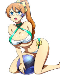 Rule 34 | 10s, 1girl, annoyed, aquarion (series), aquarion evol, ball, bare shoulders, beachball, bikini, blue eyes, blush, breast hold, breasts, brown hair, cleavage, criss-cross halter, glasses, hairu, halterneck, kneeling, large breasts, long hair, mix (aquarion), navel, ponytail, shiny skin, solo, swimsuit