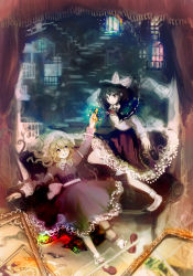 Rule 34 | 2girls, black hair, blonde hair, blush, book, bow, brown eyes, capelet, couch, curtains, dress, falling, framed, frilled skirt, frills, full body, gap (touhou), glowing, hair bow, hair ornament, hat, hat ribbon, holding, holding clothes, holding hat, holding shoes, juliet sleeves, katari, key, light, long hair, long sleeves, looking at another, maribel hearn, mob cap, multiple girls, open book, open mouth, outstretched arms, picture frame, puffy sleeves, purple dress, purple eyes, ribbon, shirt, shoes, unworn shoes, short hair, skirt, smile, socks, stairs, touhou, trojan green asteroid, usami renko, wavy hair, white legwear, window