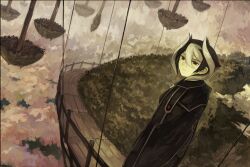 Rule 34 | 1girl, above clouds, black cape, black eyes, black hair, cape, closed mouth, cloud, from above, grass, hair between eyes, highres, kornod, light smile, looking at viewer, made in abyss, multicolored hair, overcast, ozen, scenery, short hair, sky, solo, standing, tree, two-tone hair, whistle, white hair