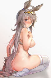 Rule 34 | 1girl, ahoge, animal ears, ass, blue eyes, blush, breasts, from behind, grey eyes, highres, horse girl, huge ahoge, large breasts, long hair, naso4, nipples, nude, pout, pussy juice, rabbit ears, silver hair, simple background, sitting, solo, sweat, thighhighs, thighs, umamusume, very long hair, white background, white thighhighs
