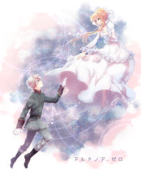 Rule 34 | 1boy, 1girl, aldnoah.zero, asseylum vers allusia, black footwear, blonde hair, blue eyes, boots, copyright name, dress, eye contact, floating hair, flower, from side, gloves, grey pants, highres, hoshi 8229, long dress, long hair, looking at another, looking up, military, military uniform, open mouth, pants, silver hair, slaine troyard, uniform, very long hair, white background, white dress, white flower, white gloves