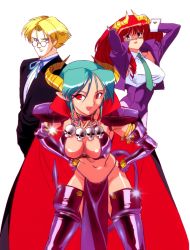 Rule 34 | 00s, 1boy, 2girls, aqua hair, arms up, blonde hair, cape, carrera, demon girl, demon tail, elbow gloves, glasses, gloves, halterneck, hands on own hips, horns, leotard, long hair, long sleeves, mercedes (viper), multiple girls, official art, open mouth, pantyhose, pelvic curtain, pink pantyhose, pointy ears, purple thighhighs, red eyes, red hair, retro artstyle, round eyewear, short hair, simple background, skull, tail, thighhighs, tuxedo, viper, viper gts, white background, yellow horns
