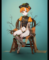 Rule 34 | 1girl, absurdres, chair, chinese clothes, doll joints, earrings, female focus, hat, highres, jewelry, joints, leaves, monster girl, navel, nikubou maranoshin, orange hair, original, plant girl, sitting, smile, solo