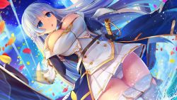 Rule 34 | 1girl, :o, azur lane, breasts, cowboy shot, day, hand on own chest, hands on own chest, highres, large breasts, light purple hair, long hair, military, military uniform, panties, petals, rodney (azur lane), sky, sword, underwear, uniform, weapon, xiaoyin li