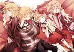 Rule 34 | 4boys, aqua eyes, blonde hair, facepaint, holding hands, hat, kagamine len, lying, maclo, male focus, multiple boys, multiple persona, open mouth, shorts, smile, striped, vocaloid