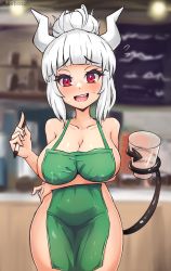 Rule 34 | 1girl, apron, barista, bebatch, black tail, blurry, blurry background, breasts, cleavage, collarbone, cup, demon girl, demon horns, demon tail, disposable cup, green apron, helltaker, highres, holding, holding cup, holding marker, holding with tail, horns, iced latte with breast milk (meme), large breasts, lucifer (helltaker), marker, meme, naked apron, prehensile tail, red shirt, shirt, solo, standing, tail, white hair, white horns