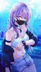 Rule 34 | 1girl, absurdres, aquarium, arm strap, bare shoulders, bbeedol, black choker, black jacket, blue theme, breasts, choker, cleavage, commission, cowboy shot, crop top, eyes visible through hair, highres, hip vent, huge filesize, jacket, long hair, long sleeves, looking at viewer, medium breasts, midriff, navel, off shoulder, open clothes, open jacket, original, pixiv commission, purple eyes, purple hair, shirt, short shorts, shorts, side-tie peek, skindentation, sleeveless, sleeveless shirt, solo, spaghetti strap, stomach, watch, white shirt, white shorts, wristwatch