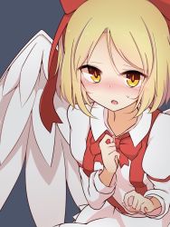 Rule 34 | 1girl, :o, angel wings, blonde hair, blue background, blush, bow, bowtie, collared shirt, commentary request, embarrassed, feathered wings, gengetsu (touhou), hair bow, inon, long sleeves, looking at viewer, nervous, nose blush, open mouth, red bow, red bowtie, shirt, short hair, skirt, suspender skirt, suspenders, sweatdrop, touhou, touhou (pc-98), upper body, white shirt, white skirt, white wings, wings, yellow eyes