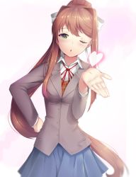 Rule 34 | 1girl, bad anatomy, bad proportions, blowing kiss, blue skirt, brown hair, commentary, commission, cowboy shot, doki doki literature club, english commentary, green eyes, hair ribbon, hand on own hip, heart, heart in eye, highres, long hair, looking at viewer, monika (doki doki literature club), one eye closed, pleated skirt, ponytail, ribbon, school uniform, skirt, solo, symbol in eye, tsukimaru, very long hair, white ribbon
