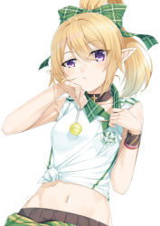 Rule 34 | 1girl, :/, bare shoulders, black choker, black shorts, blonde hair, blush, bow, breasts, candy, chloe (princess connect!), chloe (school festival) (princess connect!), choker, closed mouth, clothes around waist, collarbone, collared shirt, commentary request, cowboy shot, food, green bow, green jacket, groin, gym uniform, hair between eyes, hair bow, high ponytail, holding, holding candy, holding food, holding lollipop, jacket, jacket around waist, lollipop, long hair, looking at viewer, medium breasts, midriff, miri (ago550421), navel, official alternate costume, plaid, plaid bow, pointy ears, princess connect!, purple eyes, shirt, shirt tug, shorts, sidelocks, signature, simple background, sleeves rolled up, solo, standing, sweat, tied shirt, white background, white shirt, wristband