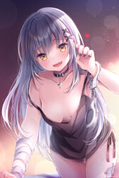 Rule 34 | 1girl, bandage on leg, black nails, black shirt, blurry, blush, bokeh, bottomless, breasts, breasts apart, choker, cleavage, collarbone, commentary request, cuffs, depth of field, fang, grey hair, handcuffs, light particles, long hair, looking at viewer, medium breasts, nemuri nemu, no bra, open mouth, original, panties, shirt, side-tie panties, sleeveless, sleeveless shirt, smile, solo, strap slip, underwear, yellow eyes