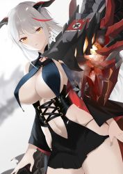 Rule 34 | 1girl, absurdres, aegir (azur lane), azur lane, bare shoulders, black cape, breast curtains, breasts, cape, chain, cross, cross earrings, demon horns, dress, dutch angle, earrings, grey background, highres, horns, jewelry, large breasts, long hair, looking at viewer, medal, microdress, multicolored hair, non-humanoid robot, oxygen mask (oxygenmask233), panties, red hair, revealing clothes, robot, robot animal, simple background, solo, streaked hair, string panties, underwear, very long hair, white hair, yellow eyes