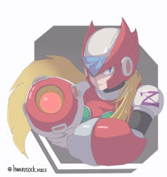 Rule 34 | 1boy, android, arm cannon, blonde hair, blue eyes, commentary request, highres, hwaryeok, long hair, looking at viewer, male focus, mega man (series), mega man x (series), mega man zero (series), partial commentary, simple background, solo, upper body, weapon, zero (mega man)