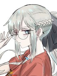 Rule 34 | 1girl, absurdres, adjusting eyewear, black-framed eyewear, black bow, blue eyes, blue lips, bow, braid, ebora, fate/grand order, fate (series), french braid, from side, glasses, hand on eyewear, highres, looking at viewer, morgan le fay (fate), ponytail, red shirt, round eyewear, shirt, simple background, solo