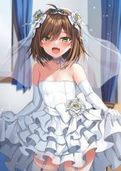 Rule 34 | 1girl, :d, ahoge, blurry, blurry background, blush, bow, breasts, bridal veil, brown hair, commentary request, curtains, depth of field, dress, elbow gloves, fang, flower, garter straps, gloves, green eyes, hair between eyes, hair flower, hair ornament, haru (kuzuyu), highres, indoors, komori kuzuyu, layered dress, open mouth, original, pleated dress, rose, see-through, small breasts, smile, solo, strapless, strapless dress, thighhighs, tiara, veil, wedding dress, white bow, white dress, white flower, white gloves, white rose, white thighhighs, window