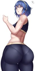 Rule 34 | 1girl, absurdres, alternate hair length, alternate hairstyle, arcedo, ass, bare shoulders, blue eyes, blue hair, blush, breasts, fire emblem, fire emblem awakening, from behind, from below, hairband, highres, huge ass, looking at viewer, lucina (fire emblem), nintendo, open mouth, pants, pantylines, shiny clothes, shiny skin, short hair, sideboob, solo, sports bra, tight clothes, tight pants