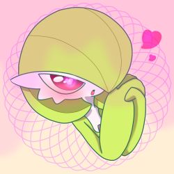 Rule 34 | 1girl, blush, bob cut, colored skin, creatures (company), female focus, flat chest, game freak, gardevoir, gen 3 pokemon, gradient background, green hair, green skin, hair over one eye, half-closed eyes, hands up, heart, heart-shaped pupils, highres, interlocked fingers, multicolored skin, nintendo, one eye covered, open mouth, outline, own hands together, pink background, pink outline, pokemon, pokemon (creature), red eyes, short hair, solo, symbol-shaped pupils, two-tone skin, upper body, white skin, yuri (fl0werspace)