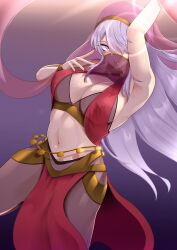 Rule 34 | 1girl, arm up, armpits, bare shoulders, belly chain, bracelet, breasts, cleavage, commentary, commission, cowboy shot, crop top, hand up, highres, jewelry, large breasts, long hair, looking at viewer, midriff, mouth veil, navel, original, parted lips, pelvic curtain, purple eyes, purple hair, red nails, shawl, solo, standing, stomach, thighs, veil, very long hair, vialnite