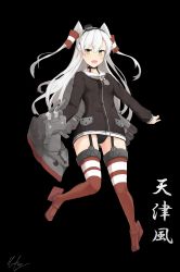 Rule 34 | amatsukaze (kancolle), black background, black panties, brown eyes, cannon, character name, choker, dress, garter straps, gloves, hair tubes, haneterusnn, hat, highres, kantai collection, mast, mini hat, o o, open mouth, panties, red legwear, rensouhou-kun, sailor dress, short dress, silver hair, simple background, single glove, striped clothes, striped legwear, striped thighhighs, text focus, thighhighs, torpedo, turret, twintails, two side up, underwear, white gloves