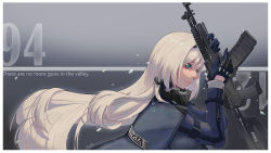 Rule 34 | 1girl, absurdres, an-94, an-94 (girls&#039; frontline), aqua eyes, artist name, assault rifle, blonde hair, blue cloak, blue gloves, blue jacket, cloak, closed mouth, dated, english text, girls&#039; frontline, gloves, grey background, gun, hairband, highres, holding, holding weapon, jacket, long hair, looking down, mask, mask around neck, mo geng, rifle, snowflakes, solo, weapon