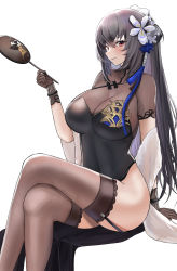 Rule 34 | 1girl, absurdres, azur lane, black dress, breasts, brown gloves, china dress, chinese clothes, cleavage, crossed legs, doinaka, dress, feather boa, flower, gloves, grey hair, hair flower, hair ornament, highres, large breasts, long hair, looking at viewer, official alternate costume, red eyes, saint-louis (alluring administrator) (azur lane), saint-louis (azur lane), see-through, see-through cleavage, see-through legwear, short sleeves, simple background, sitting, skin tight, solo, white background, white flower