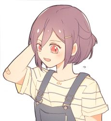 Rule 34 | 1girl, aged down, arm behind head, bandaid, bandaid on arm, bang dream!, flying sweatdrops, hair ornament, hairpin, half updo, looking down, looking to the side, open mouth, overalls, red eyes, seri (vyrlw), seta kaoru, shirt, short hair, short sleeves, simple background, solo, striped clothes, striped shirt, upper body, white background
