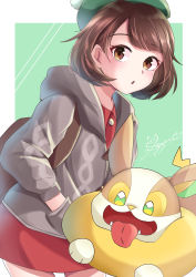 Rule 34 | 1girl, :o, absurdres, backpack, bag, beret, border, breasts, brown bag, brown eyes, brown hair, chestnut mouth, commentary request, contrapposto, cowboy shot, creatures (company), fangs, game freak, gen 8 pokemon, gloria (pokemon), green background, green headwear, grey hoodie, grey sweater, hands in pockets, hat, highres, hood, hoodie, leaning forward, nintendo, pokemon, pokemon (creature), pokemon swsh, pom pom (clothes), red shirt, red skirt, shirt, short hair, signature, simple background, skirt, small breasts, sweater, szsk t s, tail, tongue, tongue out, white background, white border, yamper