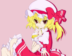 Rule 34 | 1girl, blonde hair, colorized, embodiment of scarlet devil, female focus, flandre scarlet, from side, gotou nao, hair between eyes, hat, mob cap, ponytail, red eyes, ribbon, short hair, side ponytail, simple background, solo, touhou