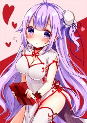 Rule 34 | 1girl, azur lane, bad id, bad pixiv id, blush, box, breasts, bun cover, china dress, chinese clothes, cleavage, cleavage cutout, clothing cutout, commentary request, dress, flying sweatdrops, gift, gift box, hair between eyes, hair bun, heart, hinanosuke, holding, holding gift, long hair, looking at viewer, medium breasts, parted lips, pelvic curtain, purple eyes, purple hair, side bun, single hair bun, single side bun, solo, thighhighs, unicorn (azur lane), unicorn (the gift of spring) (azur lane), valentine, very long hair, white dress, white thighhighs