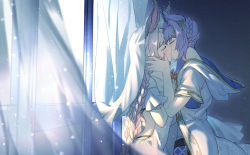 Rule 34 | 1boy, 1girl, aki663, animal ears, backless outfit, bikini, black bikini, blouse, blue male swimwear, blue swim trunks, braid, brother and sister, closed eyes, curtains, eyelashes, eyeliner, feower (granblue fantasy), french braid, gold trim, granblue fantasy, hair intakes, hair ornament, hands on another&#039;s cheeks, hands on another&#039;s face, hetero, highres, hooded robe, incest, indoors, kiss, light particles, long braid, long hair, makeup, male swimwear, off-shoulder shirt, off shoulder, open clothes, open robe, robe, shirt, siblings, swim trunks, swimsuit, tears, tien (granblue fantasy), tsurime, twin braids, very long hair, window