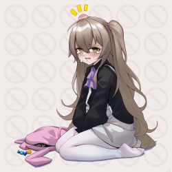 Rule 34 | 1girl, aged down, animal bag, ascot, black shirt, blush, brown eyes, brown hair, candy, commentary request, crying, crying with eyes open, diestren, food, full body, girls&#039; frontline, hair between eyes, head bump, long hair, long sleeves, looking at viewer, messy hair, no shoes, official alternate costume, one side up, pantyhose, rabbit bag, scar, scar across eye, scar on face, shirt, sitting, skirt, snot, solo, suspender skirt, suspenders, tears, ump45 (agent lop rabbit) (girls&#039; frontline), ump45 (girls&#039; frontline), very long hair, wariza, wavy mouth, white pantyhose, white skirt