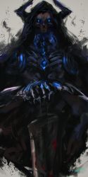 Rule 34 | 1boy, armor, commentary request, fate/grand order, fate (series), gauntlets, glowing, glowing eyes, hands on hilt, highres, hood, horns, king hassan (fate), looking at viewer, male focus, rean (r ean), signature, skull, solo