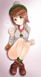 Rule 34 | 1girl, backpack, bag, blush, boots, brown background, brown eyes, brown footwear, brown hair, cardigan, closed mouth, collared dress, commentary request, creatures (company), crossed ankles, dress, full body, game freak, gloria (pokemon), gradient background, green hat, green socks, grey cardigan, hat, head tilt, highres, hood, hood down, hooded cardigan, long sleeves, mimikaki (men bow), nintendo, pokemon, pokemon swsh, red dress, short hair, smile, socks, solo, tam o&#039; shanter, white background