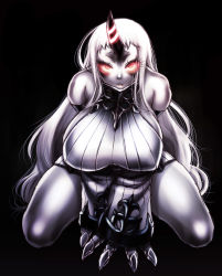 Rule 34 | 10s, 1girl, abyssal ship, bare shoulders, black background, breasts, chiba toshirou, detached sleeves, dress, glowing, glowing eyes, horns, huge breasts, kantai collection, long hair, looking at viewer, red eyes, ribbed dress, ribbed sweater, seaport princess, short dress, sideboob, simple background, single horn, sleeveless, sleeveless turtleneck, solo, sweater, sweater dress, thighs, turtleneck, very long hair, white background