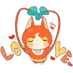 Rule 34 | 10s, cat, chiyoko (oman1229), closed eyes, english text, flame-tipped tail, haramaki, heart, incoming kiss, jibanyan, multiple tails, no humans, notched ear, simple background, solo, tail, traditional youkai, two tails, white background, youkai watch