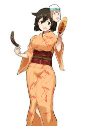 Rule 34 | 10s, 1girl, blush, brown eyes, brown hair, character mask, chocolate banana, corn, corn cob, error musume, food, girl holding a cat (kancolle), hiryuu (kancolle), japanese clothes, kantai collection, kimono, looking at viewer, mask, mask on head, open mouth, poco (backboa), smile, solo, transparent background, yukata