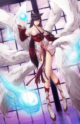 Rule 34 | 1girl, ahri (league of legends), animal ears, bare shoulders, breasts, bryan song, cleavage, detached sleeves, facial mark, fox ears, fox tail, highres, impossible clothes, korean clothes, large breasts, league of legends, long hair, low neckline, magic, multiple tails, tail, whisker markings, yellow eyes