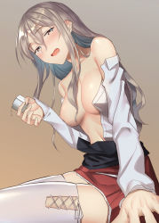 Rule 34 | 1girl, bad id, bad twitter id, blush, breasts, brown background, brown eyes, brown hair, censored nipples, collarbone, convenient arm, convenient censoring, drunk, hair between eyes, highres, kantai collection, long hair, long sleeves, medium breasts, navel, open mouth, pallad, pola (kancolle), red skirt, shirt, simple background, skirt, solo, thighhighs, white shirt, white thighhighs